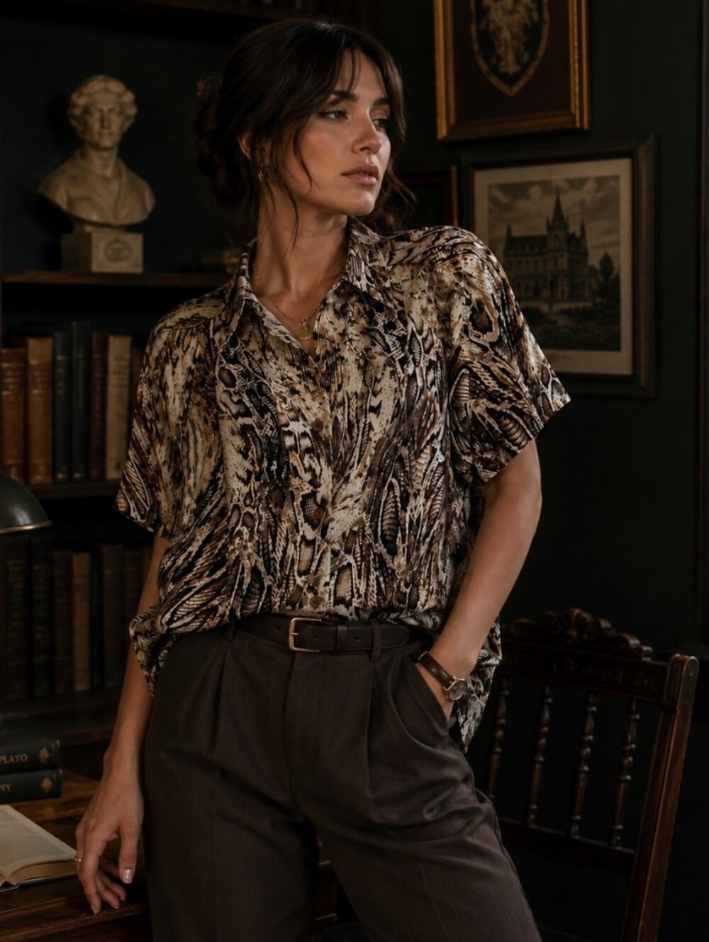 Vintage Snake Print Button Up Shirt Short Sleeve Animal Print Blouse Size 1X